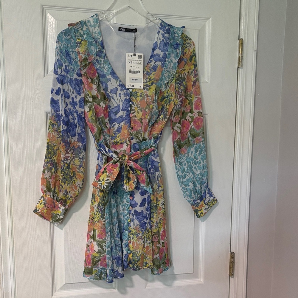 Watercolor Floral Long Sleeve Dress w Buttons, Ruffles & Sash…